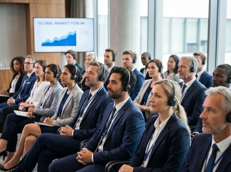 Conference audience using interpretation headsets at a Washington DC multilateral event