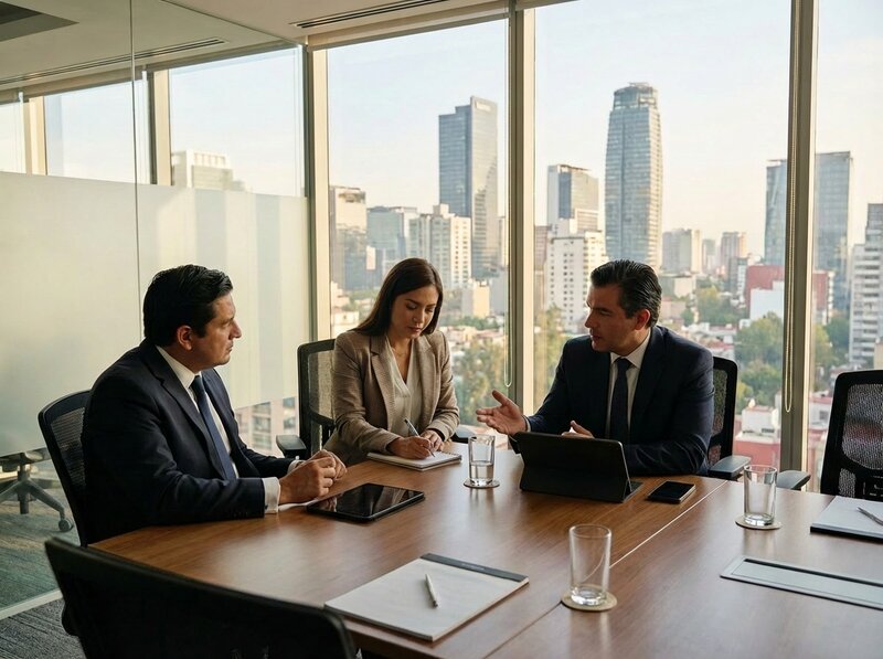 Consecutive interpreter facilitating business negotiation in Mexico City meeting room