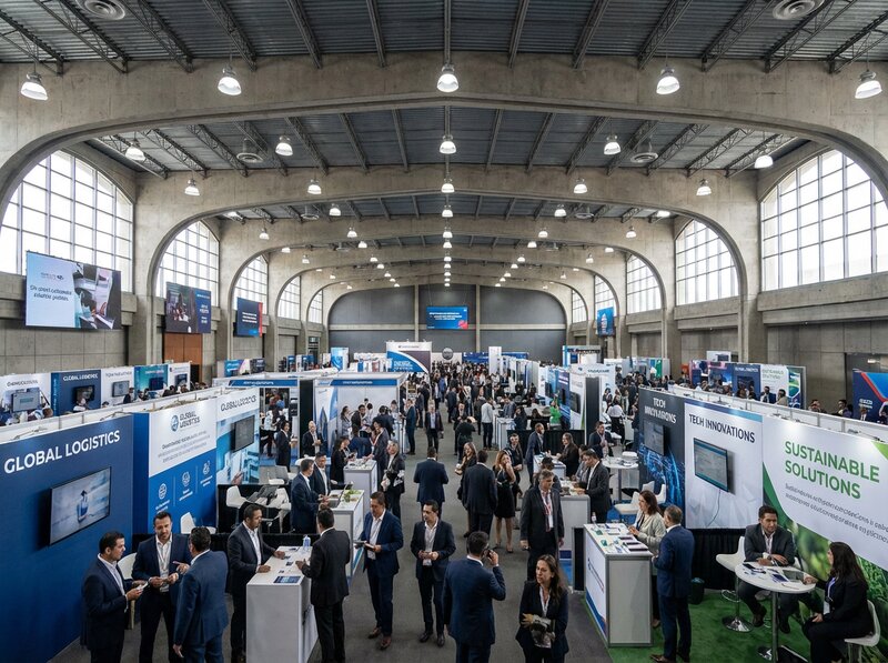 International trade show exhibition floor with exhibitor booths and business networking