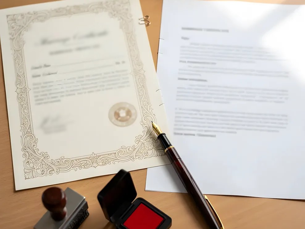 Original marriage certificate next to its certified translation, with a translator stamp and pen
